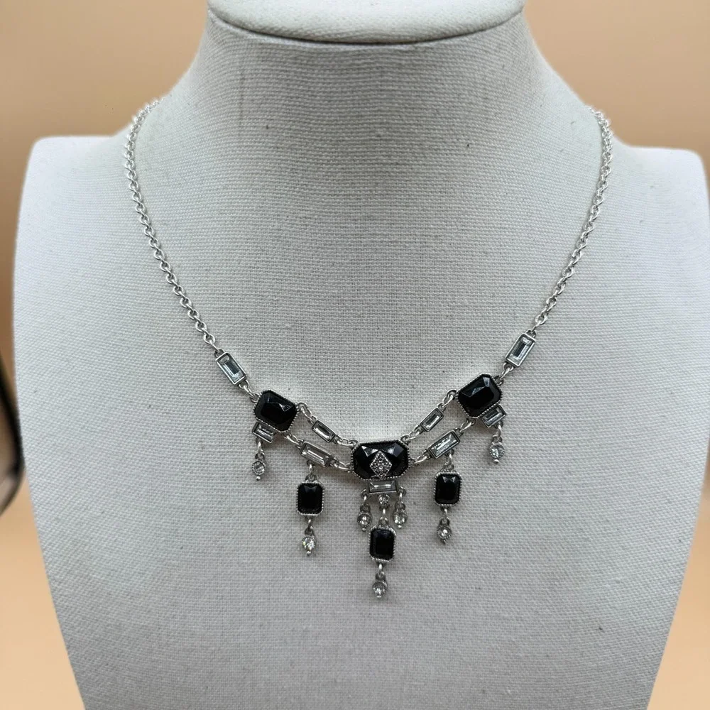 Black Faceted Crystal Rhinestone Silver Tone Dangle Bib Statement Necklace Deco